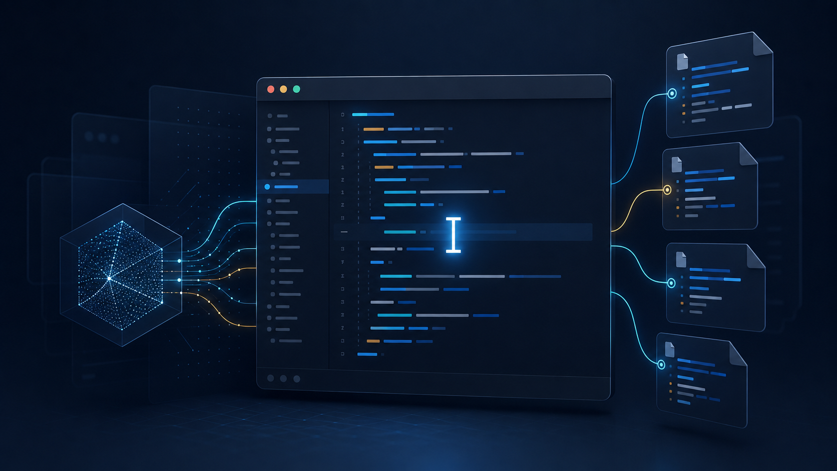Abstract AI coding workspace illustrating connected code files and development workflows for the Cursor review