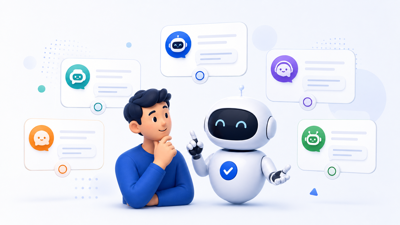 Person comparing leading AI chatbot options with help from a friendly AI assistant