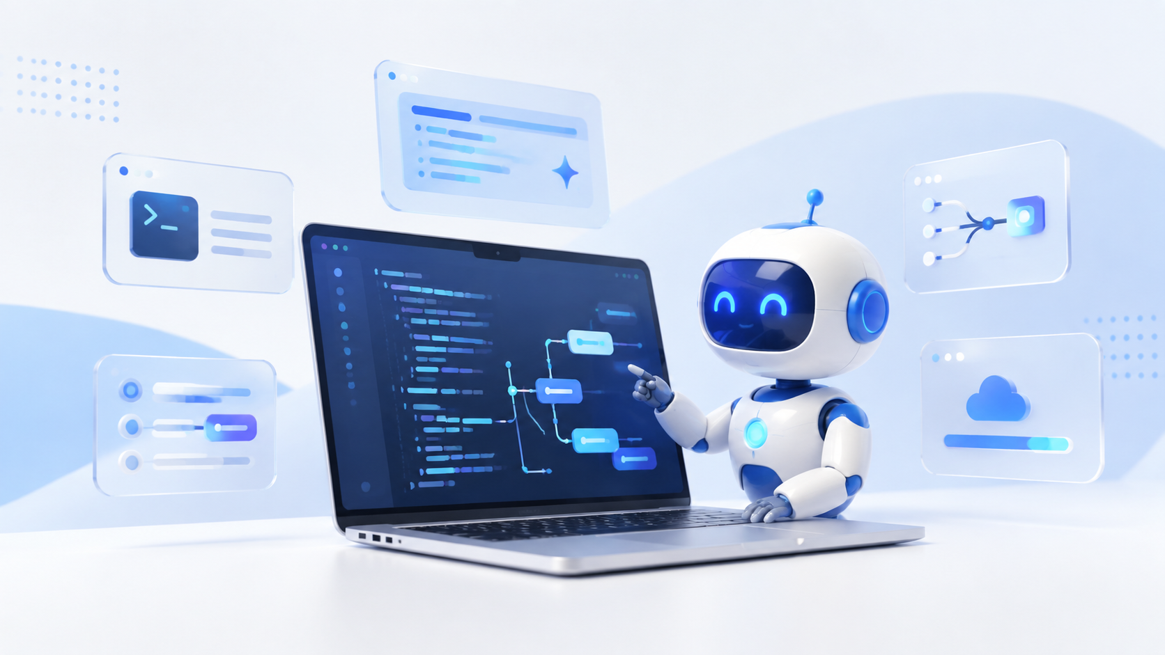 Friendly AI robot using a laptop to compare AI coding tools and agent workflows